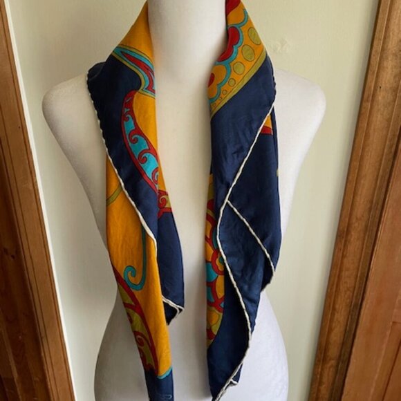 BURMEL Vintage Hand Rolled Bold Retro Print Blue Square Scarf - Picture 9 of 16